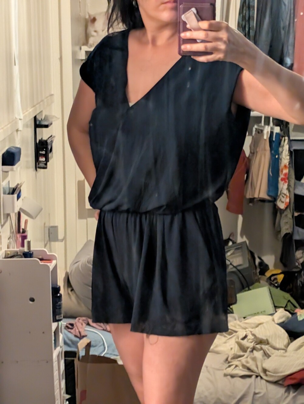 Navy romper Mini BCBG Keyhole Back, Silky Liquid Knit